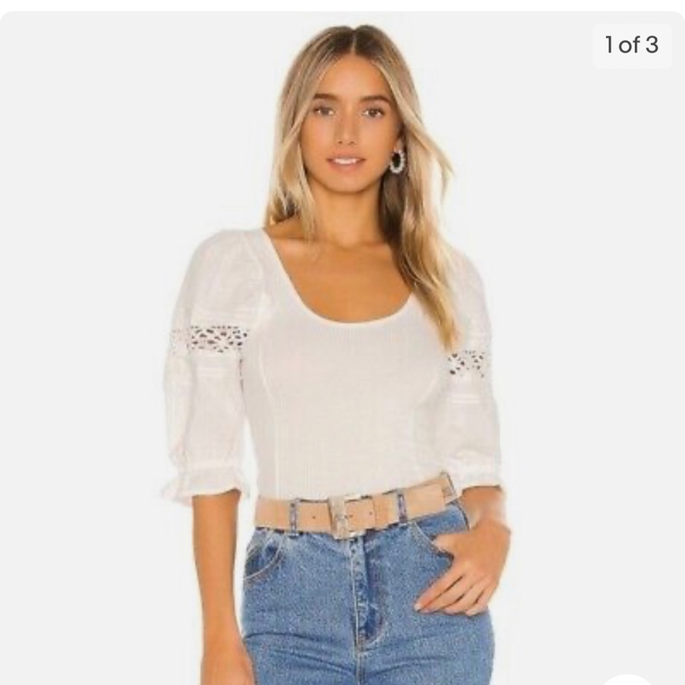 Free People  Ivory Something Special Tee with Lace Sleeves Size Large OB1040009